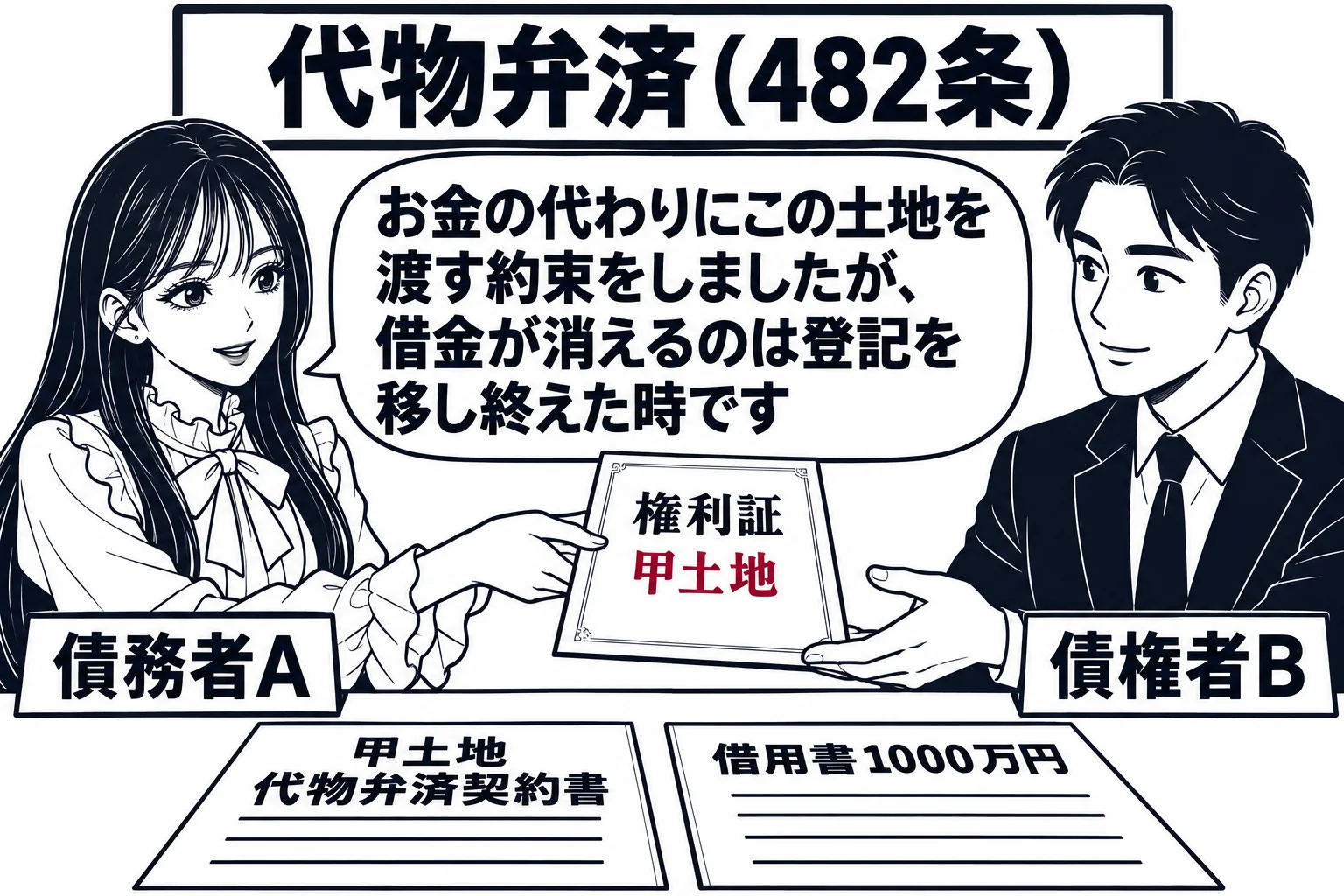貸主の事務所の机の場面。机の上に「甲土地 代物弁済契約書」と「借用書1000万円」。先生が借主役（札「債務者A」）で、土地の権利証を貸主の男性（札「債権者B」）に差し出している。先生の吹き出し「お金の代わりにこの土地を渡す約束をしましたが、