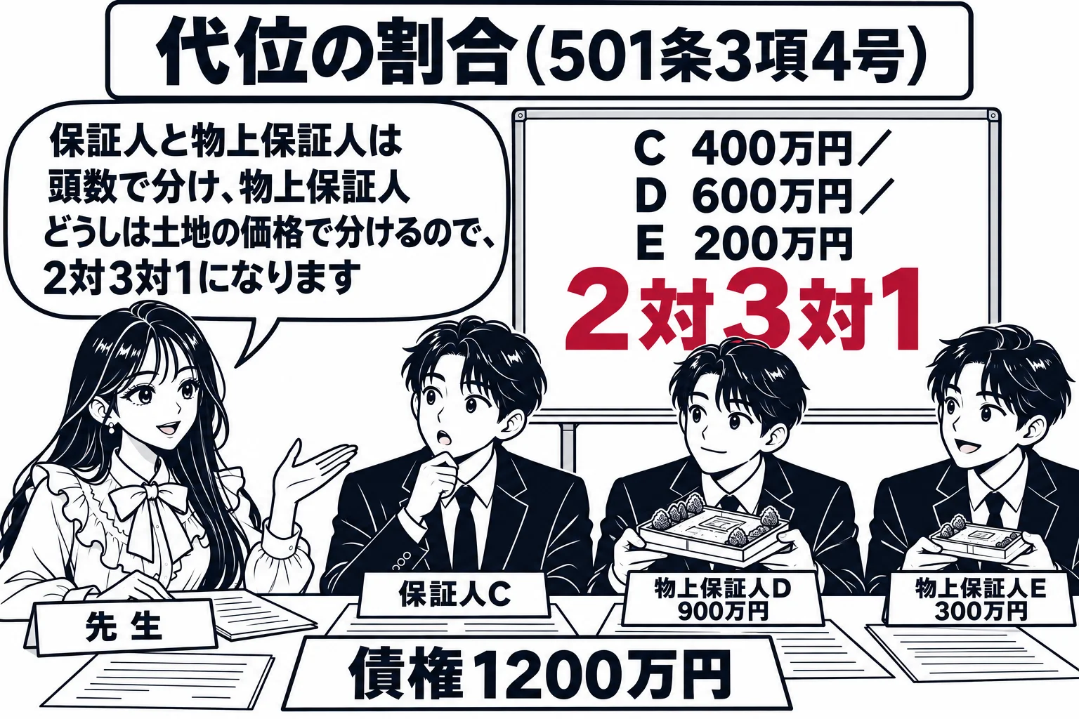 銀行の会議室の場面。テーブルに「債権1200万円」の札。先生が調整役（札「先生」）で、保証人の男性（札「保証人C」）、土地の模型を持った男性二人（札「物上保証人D 900万円」「物上保証人E 300万円」）と向かい合っている。ホワイトボード