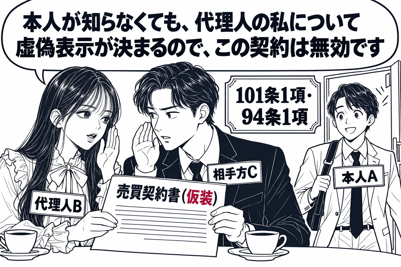 喫茶店の奥の席。先生が代理人役（札「代理人B」）で、男性（札「相手方C」）と小声で話しながら「売買契約書（仮装）」と書かれた書類を交わしている。店の入口から依頼者の男性（札「本人A」）が何も知らずに入ってくる。先生の吹き出し「本人が知らなく