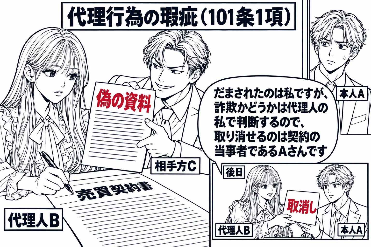 不動産の売買契約の席。先生が代理人役（札「代理人B」）で契約書にサインしようとしており、向かいの男性（札「相手方C」）がにやりとしながら偽の資料を差し出している。部屋の外の廊下に依頼者の男性（札「本人A」）が立っている。後日の場面として右下