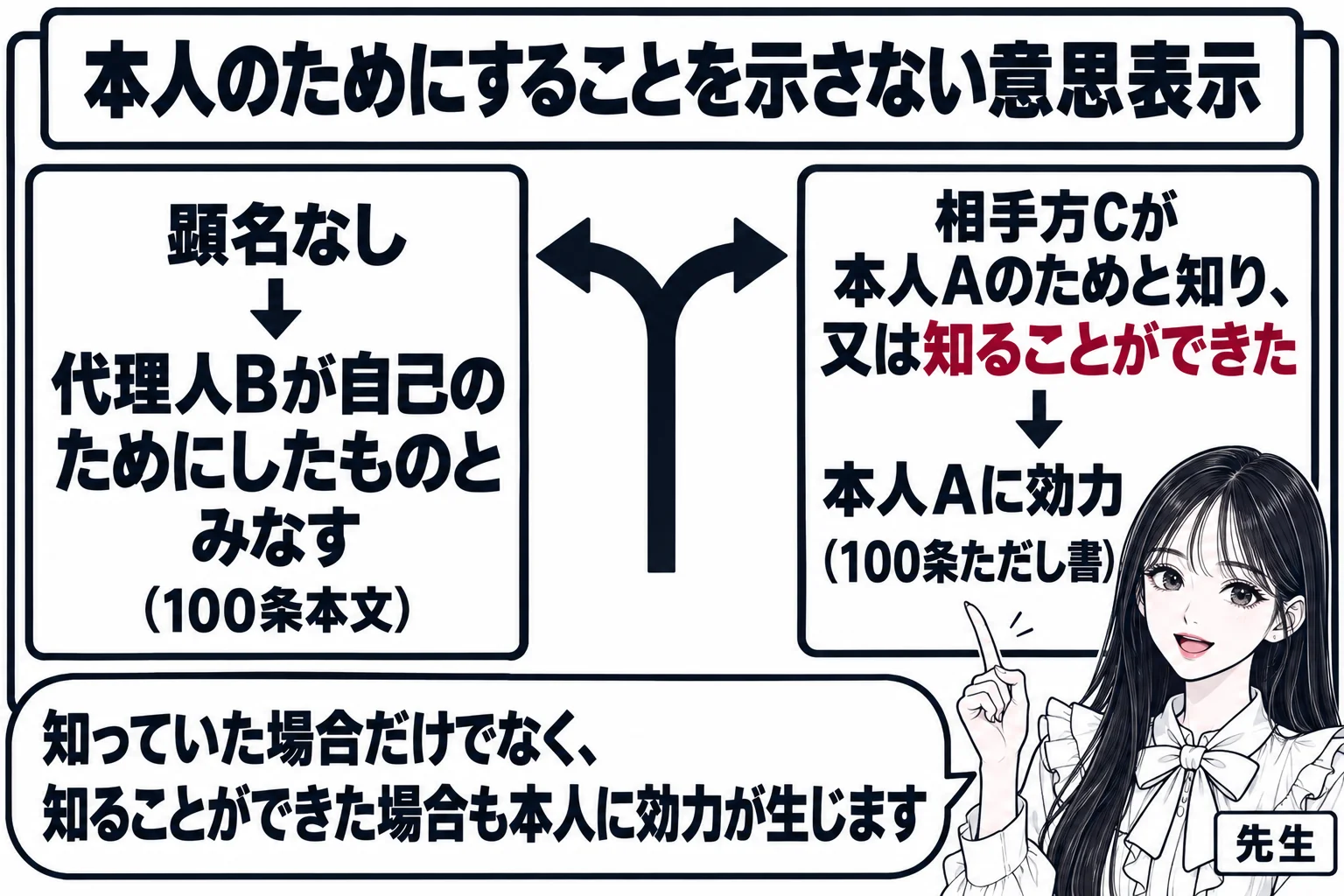 板書の図解。黒板の左に「顕名なし → 代理人Bが自己のためにしたものとみなす（100条本文）」、右に「相手方Cが本人Aのためと知り、又は知ることができた → 本人Aに効力（100条ただし書）」と書かれ、中央に分かれ道の矢印。先生が教師役（札