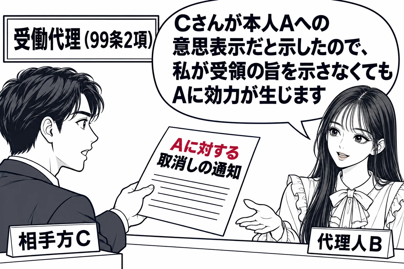 会社の受付カウンターの場面。カウンターの内側に先生が代理人役（札「代理人B」）で立ち、外側の男性（札「相手方C」）が書面を差し出している。書面の表題は「Aに対する取消しの通知」。先生の吹き出し「Cさんが本人Aへの意思表示だと示したので、私が