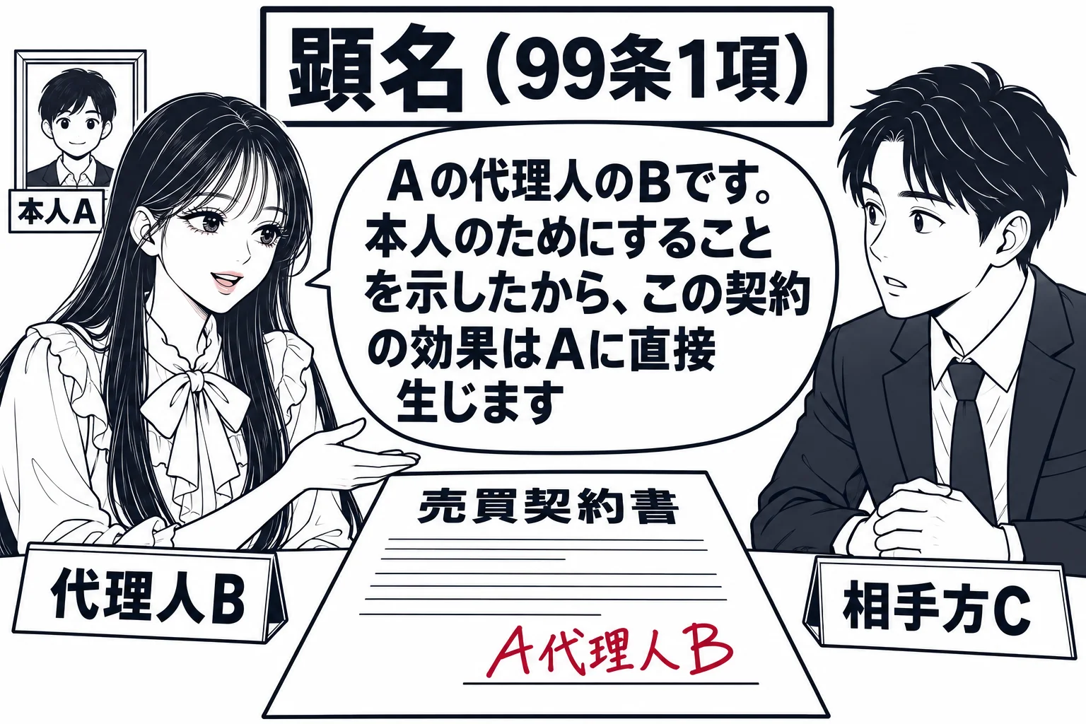 不動産の売買契約の席。テーブルを挟んで、先生が代理人役（札「代理人B」）で座り、向かいに男性（札「相手方C」）。テーブルの上に売買契約書があり、署名欄に「A代理人B」と書かれている。先生の背後の壁に額縁の写真のように依頼者（札「本人A」）が