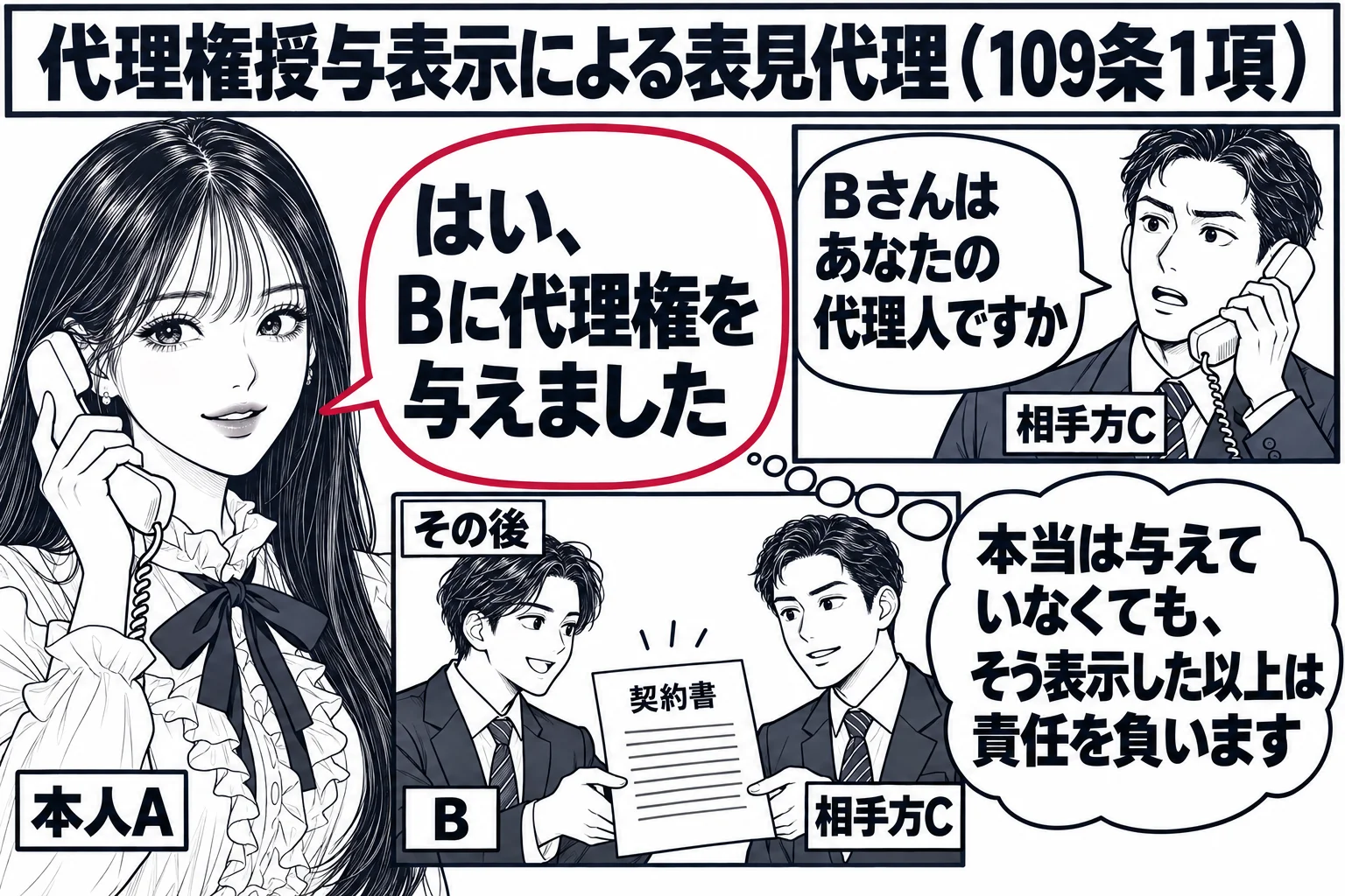 事務所の電話の場面。先生が本人役（札「本人A」）で受話器を持ち、受話器の向こうの男性（札「相手方C」、画面右の小さな枠の中）が「Bさんはあなたの代理人ですか」と尋ねている。先生の吹き出し「はい、Bに代理権を与えました」。画面下に、その後の場