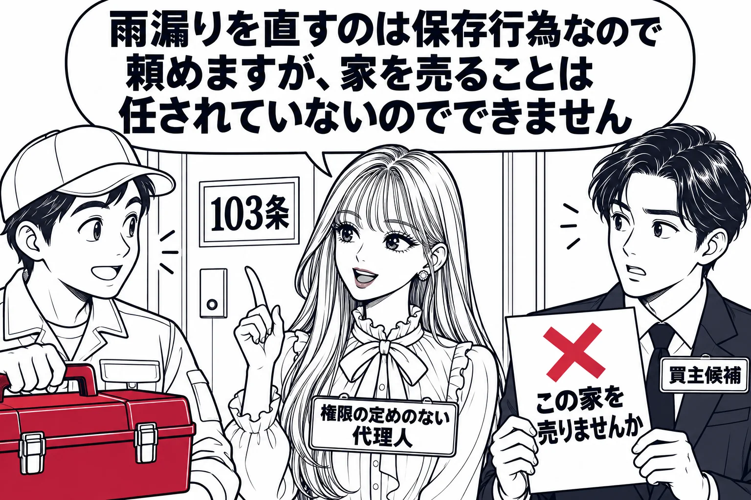 留守宅の玄関先の場面。先生が留守番の代理人役（札「権限の定めのない代理人」）で、雨漏りの修理業者と話している。横に不動産業者の男性（札「買主候補」）が「この家を売りませんか」という紙を持って立っている。先生の吹き出し「雨漏りを直すのは保存行