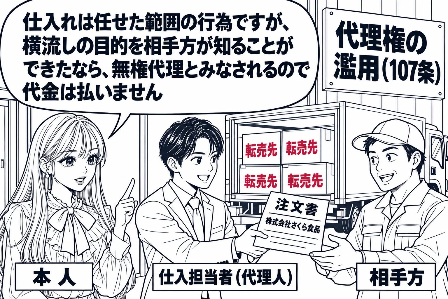 食品問屋の倉庫の場面。男性（札「仕入担当者（代理人）」）が会社名の入った注文書を問屋の男性（札「相手方」）に渡しているが、背後のトラックには別の会社名「転売先」と書かれた箱が積まれている。先生が会社の社長役（札「本人」）で倉庫の入口に立って