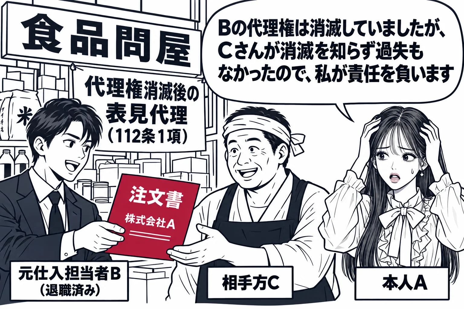 食品問屋の店先の場面。男性（札「元仕入担当者B（退職済み）」）が会社名入りの注文書を問屋の店主（札「相手方C」）に渡している。少し離れて先生が会社の社長役（札「本人A」）で頭を抱えている。先生の吹き出し「Bの代理権は消滅していましたが、Cさ