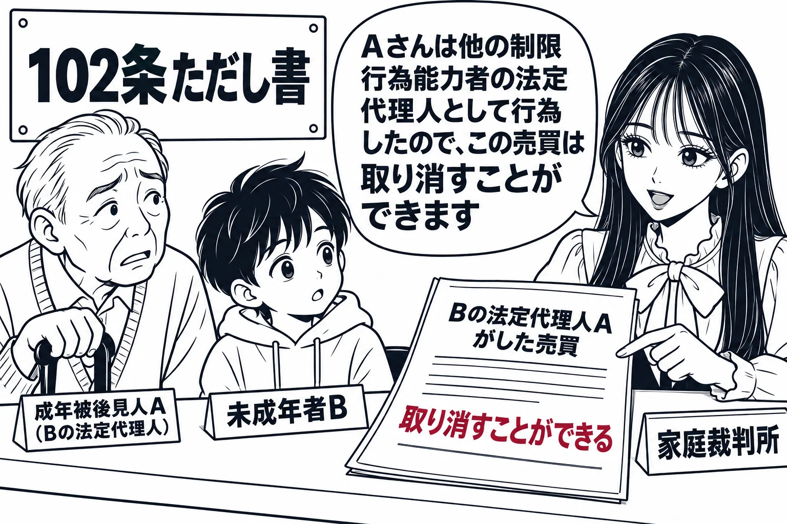 家庭裁判所の窓口の場面。窓口の内側に先生が書記官役（札「家庭裁判所」）で座り、窓口の外に、杖をついた年配の男性（札「成年被後見人A（Bの法定代理人）」）と幼い子（札「未成年者B」）。カウンターの上の書類に「Bの法定代理人Aがした売買」とある