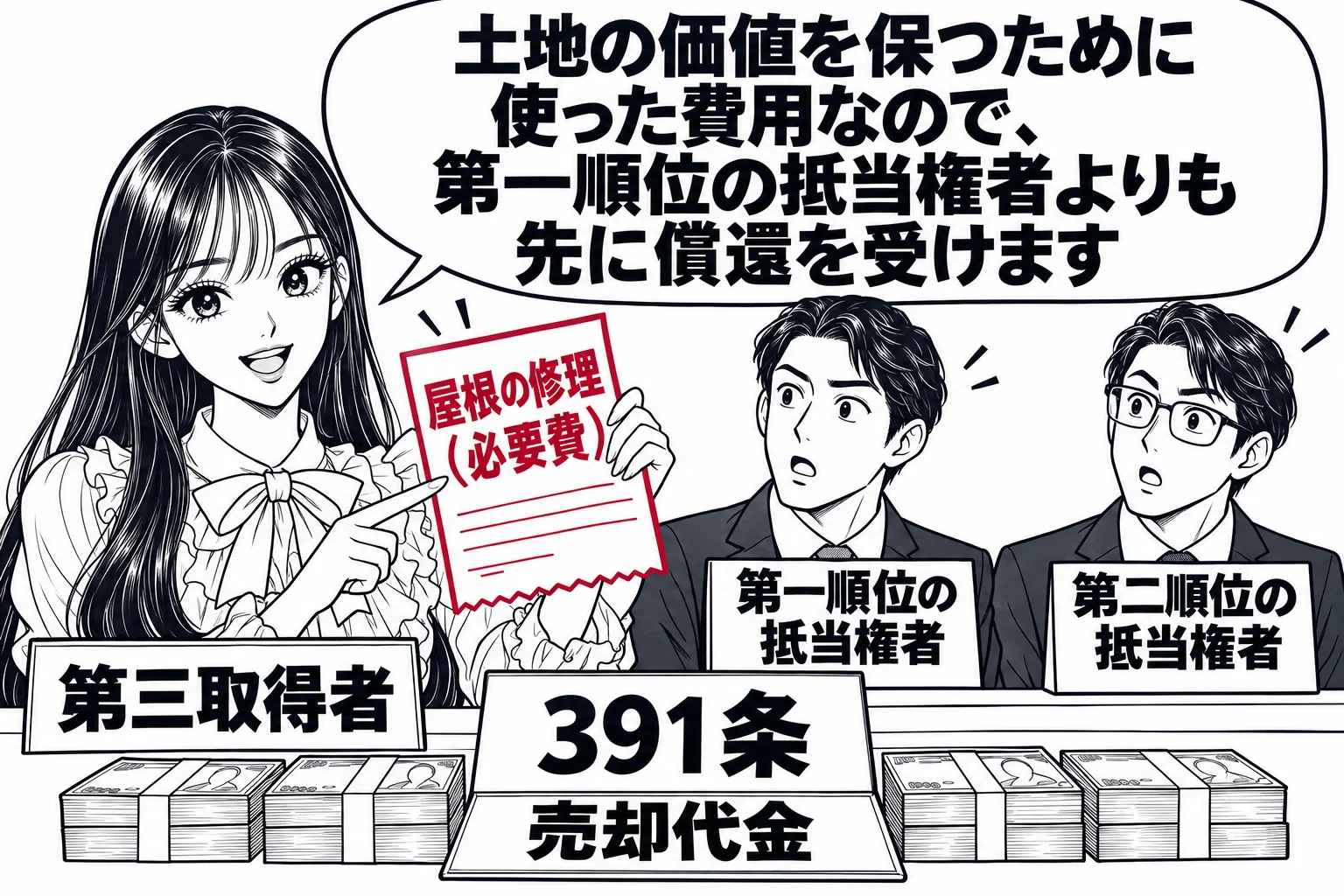 競売の配当の場面。机の上に札「売却代金」の札束。先生が第三取得者役（札「第三取得者」）で領収書「屋根の修理（必要費）」を掲げ、その後ろに男性が二人（札「第一順位の抵当権者」「第二順位の抵当権者」）並んでいる。先生の吹き出し「土地の価値を保つ