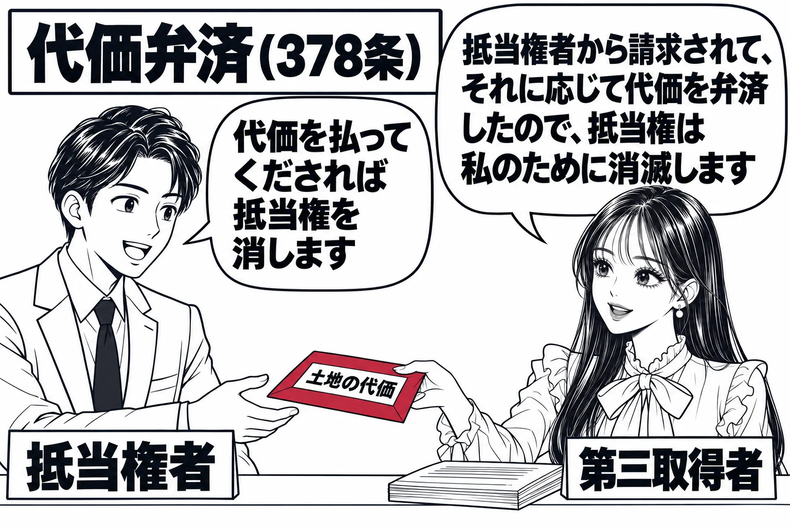 抵当権設定の銀行の窓口。窓口に札「抵当権者」の銀行員。先生が土地の買主役（札「第三取得者」）で、封筒「土地の代価」を差し出している。銀行員の吹き出し「代価を払ってくだされば抵当権を消します」。先生の吹き出し「抵当権者から請求されて、それに応