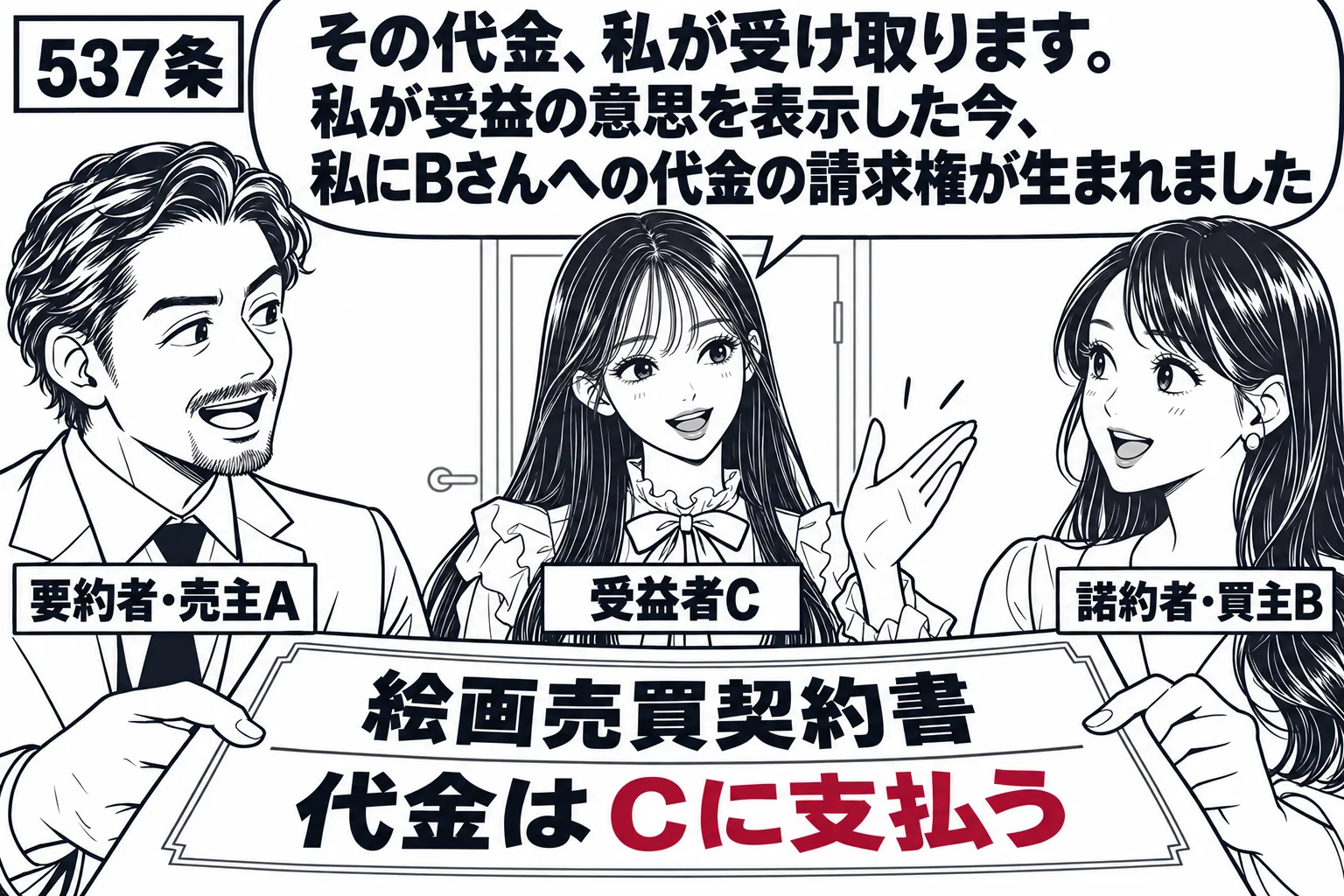 画廊の応接室の場面。左に画廊主の男性（札「要約者・売主A」）、右に絵を買う女性（札「諾約者・買主B」）が契約書「絵画売買契約書　代金はCに支払う」を交わしている。後ろのドアから先生がCの役（札「受益者C」）で入ってきて、Bに向かって手を挙げ