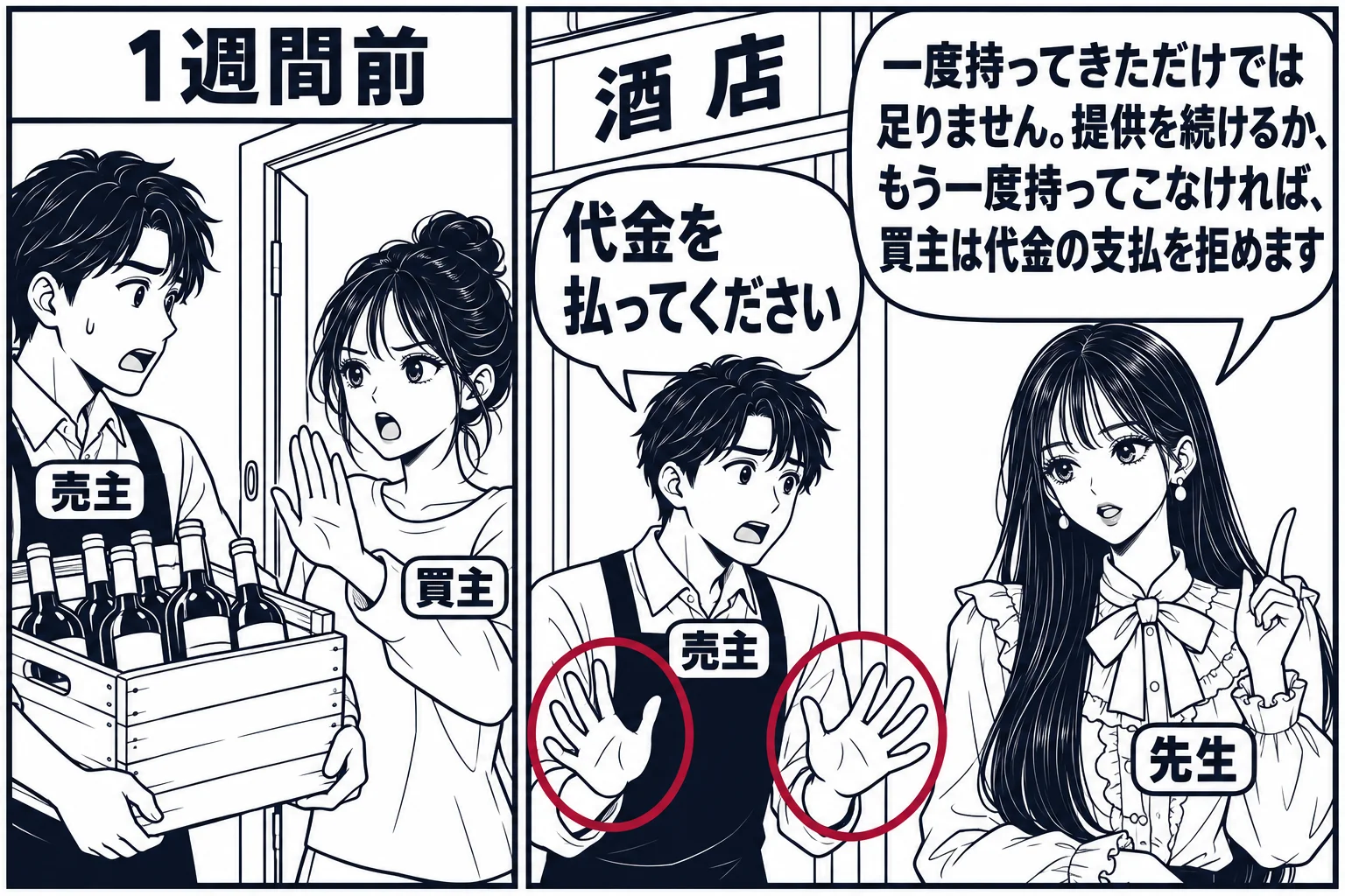 酒店の店先の場面。売主の男性（札「売主」）がワインの木箱を抱えて買主の家の玄関に来たが、玄関先の買主の女性（札「買主」）は手を振って受け取らない（1枚目の小さなコマ「1週間前」）。右の大きなコマで、売主が手ぶらで「代金を払ってください」と請