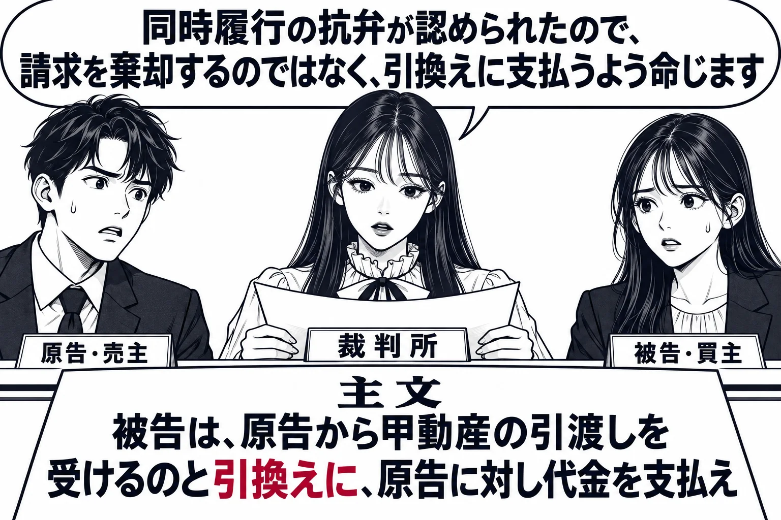 法廷の場面。正面の裁判官席に先生が裁判官役（札「裁判所」）で座り、判決書を読み上げている。判決書の見出し「主文　被告は、原告から甲動産の引渡しを受けるのと引換えに、原告に対し代金を支払え」。左の原告席に売主の男性（札「原告・売主」）、右の被