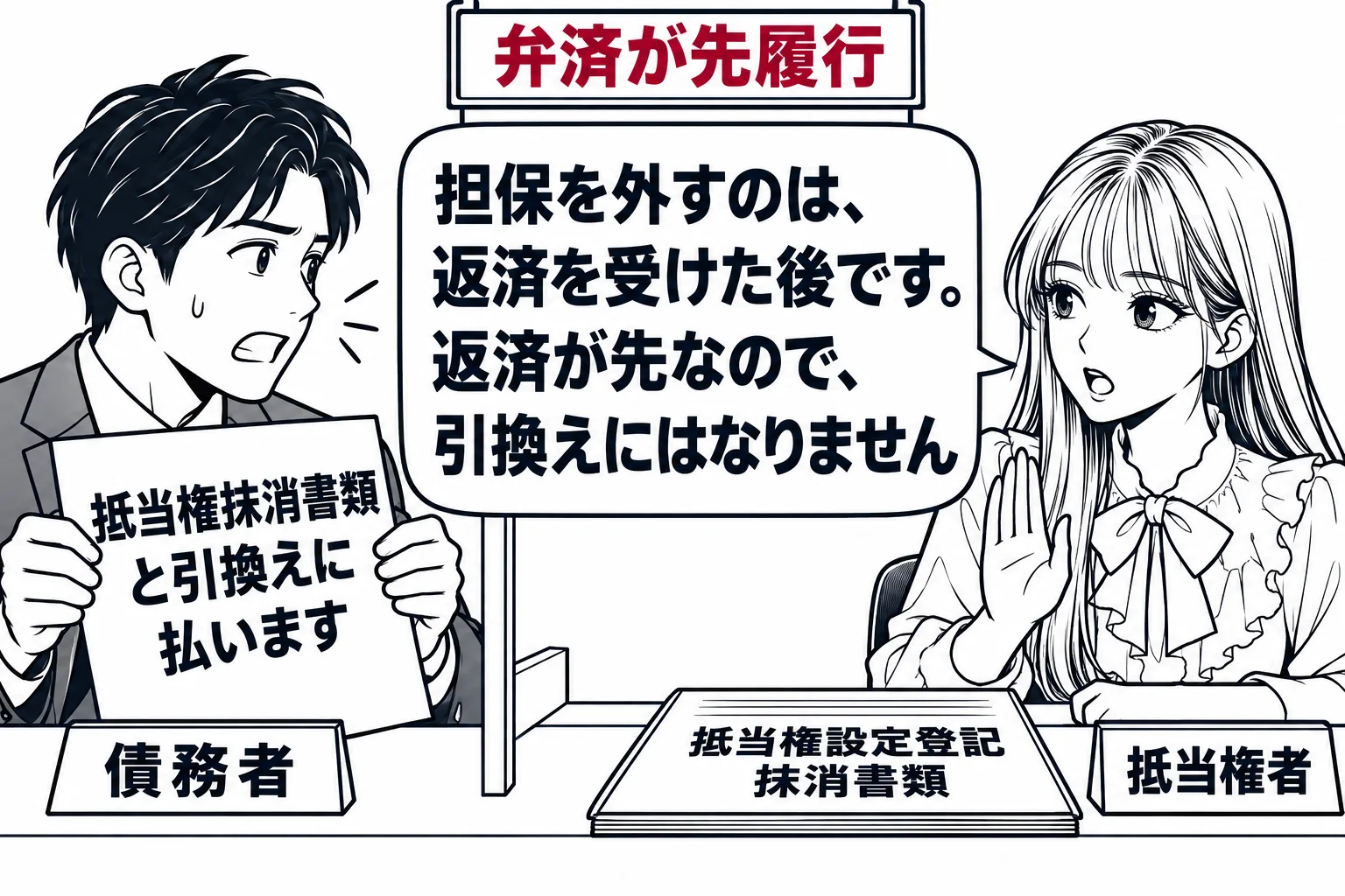 銀行の融資窓口の場面。窓口の外に借主の男性（札「債務者」）が「抵当権抹消書類と引換えに払います」と書いた紙を持って立つ。窓口の内側に先生が銀行員役（札「抵当権者」）で座り、机の上に「抵当権設定登記抹消書類」を伏せて置いている。先生の吹き出し