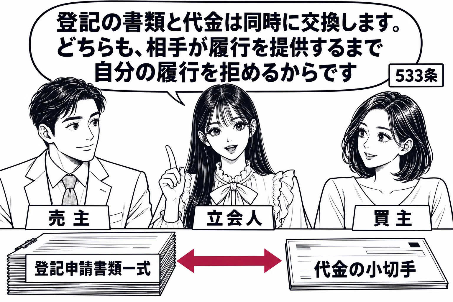 不動産会社の応接室の場面。机の上に左に「登記申請書類一式」、右に「代金の小切手」。左に売主の男性（札「売主」）、右に買主の女性（札「買主」）が座り、真ん中に先生が司法書士役（札「立会人」）で立つ。先生の吹き出し「登記の書類と代金は同時に交換