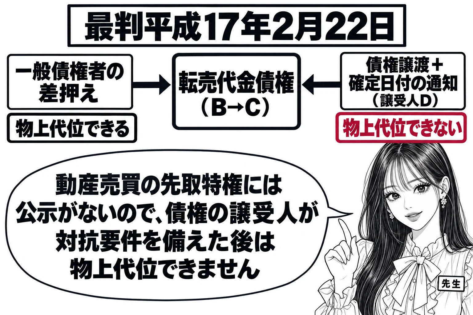 板書の図解。中央に「転売代金債権（B→C）」の箱。左から「一般債権者の差押え」の矢印が当たっているが「物上代位できる」の札。右から「債権譲渡＋確定日付の通知（譲受人D）」の矢印が当たり「物上代位できない」の札。先生が教師役（札「先生」）で右