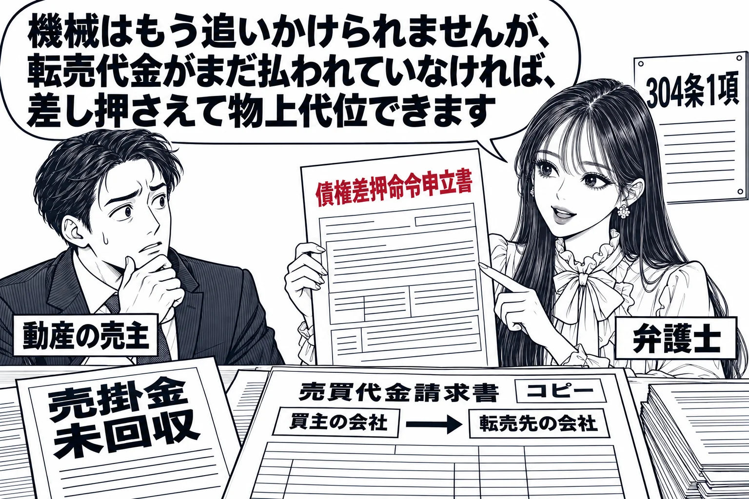 機械商社の事務所の場面。机の上に「売掛金 未回収」の伝票と、買主の会社から転売先の会社への「売買代金請求書」のコピー。男性（札「動産の売主」）が先生に相談している。先生が弁護士役（札「弁護士」）で「債権差押命令申立書」を手にしている。先生の