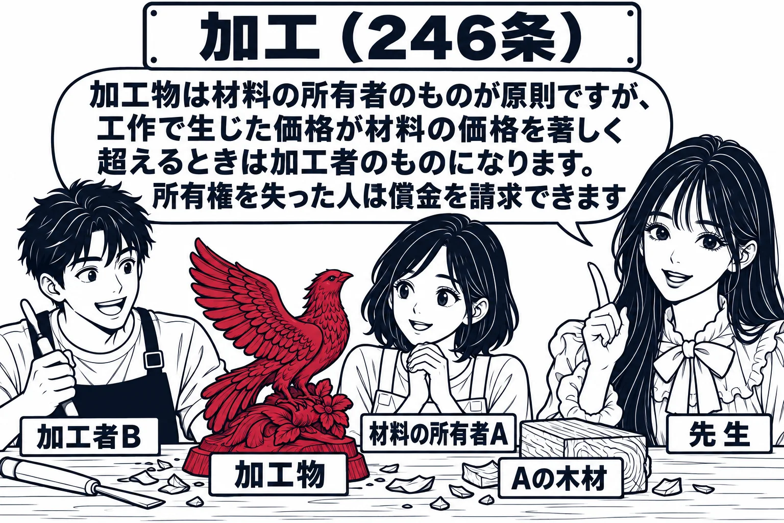 工房の場面。作業台の上に完成した彫刻（札「加工物」）と、その横に元の木材の切れ端（札「Aの木材」）。彫刻刀を持った男性（札「加工者B」）と、木材の持ち主の女性（札「材料の所有者A」）が並んでいる。先生が説明役（札「先生」）。先生の吹き出し「