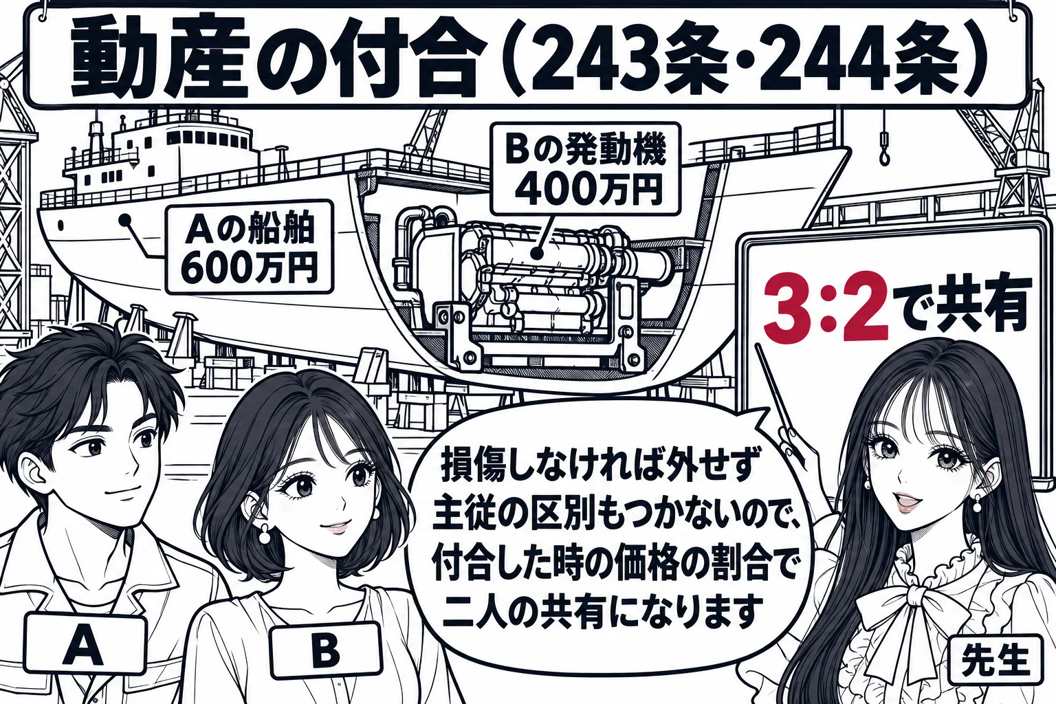 港の造船所の場面。船（札「Aの船舶 600万円」）に発動機（札「Bの発動機 400万円」）が取り付けられ、外せない状態になっている。船の横に男性（札「A」）と女性（札「B」）。先生が説明役（札「先生」）で黒板に「3：2で共有」と書いている。