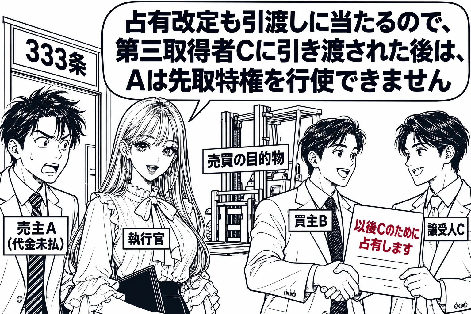 倉庫の中の場面。工作機械（札「売買の目的物」）の前で、男性（札「買主B」）と男性（札「譲受人C」）が握手し、書類「以後Cのために占有します」を交わしている。機械は倉庫から動いていない。倉庫の入口に家電商社の男性（札「売主A（代金未払）」）が