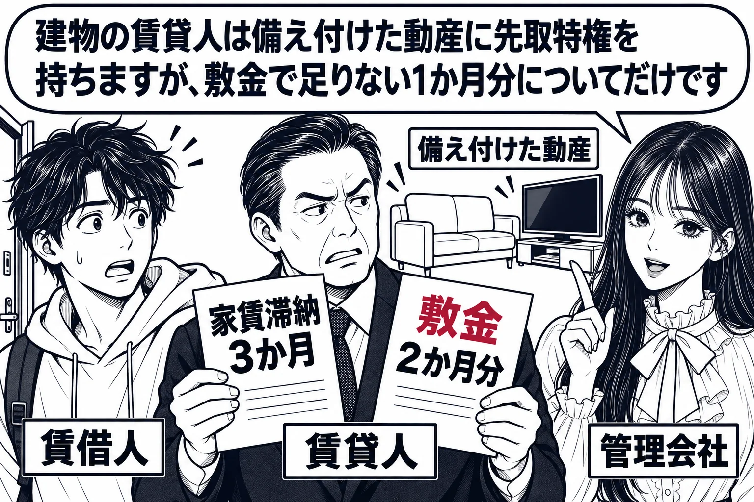 アパートの一室の場面。部屋の中にソファーやテレビ（札「備え付けた動産」）が並び、玄関に入居者の男性（札「賃借人」）と大家の男性（札「賃貸人」）が立っている。大家の手には「家賃滞納 3か月」の通知と「敷金 2か月分」のメモ。先生が管理会社の担