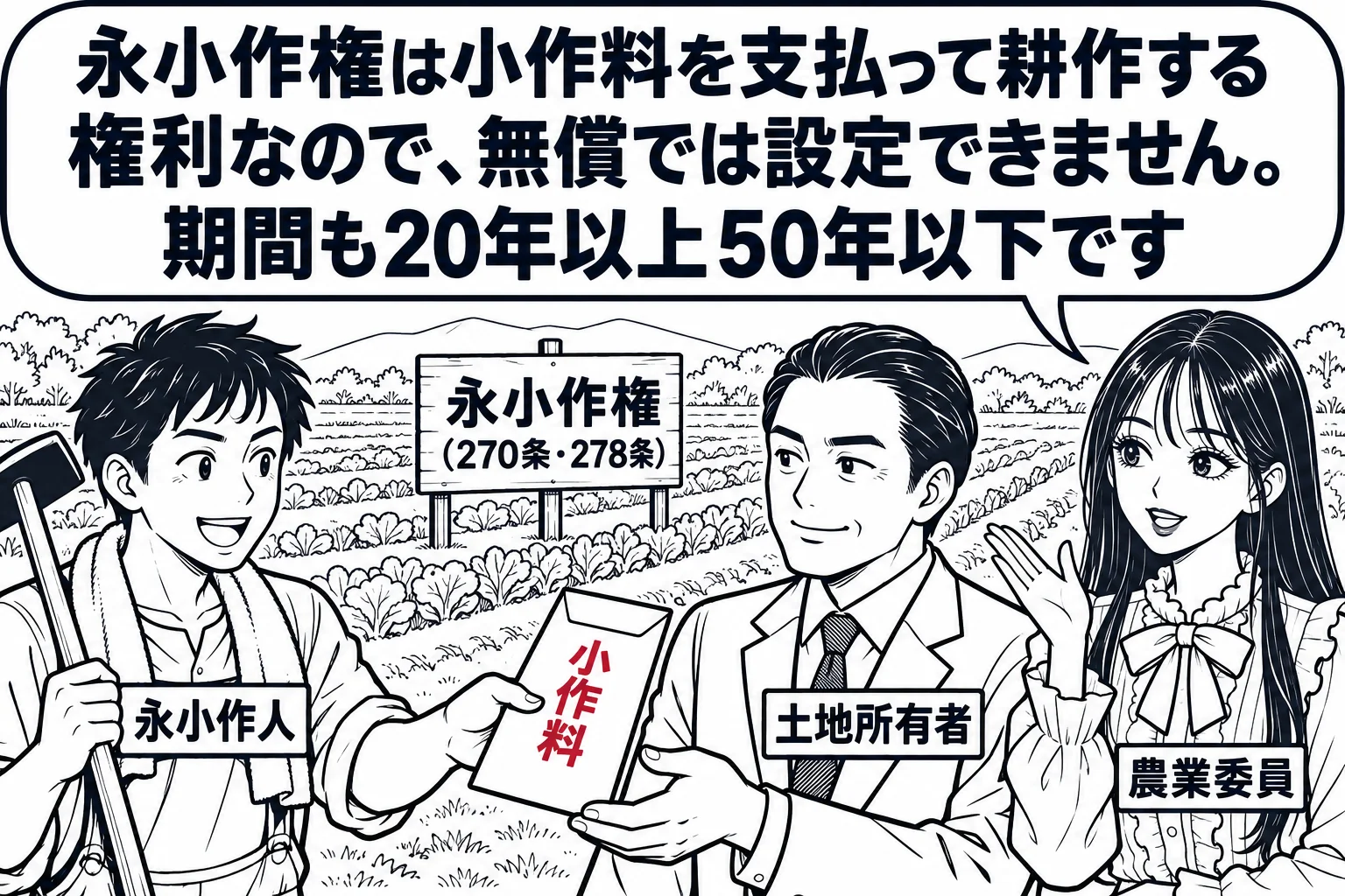 広い畑の前の場面。畑の端に男性（札「永小作人」）が鍬を持って立ち、小作料と書いた封筒を地主の男性（札「土地所有者」）に渡している。先生が農業委員役（札「農業委員」）で畦道に立つ。先生の吹き出し「永小作権は小作料を支払って耕作する権利なので、
