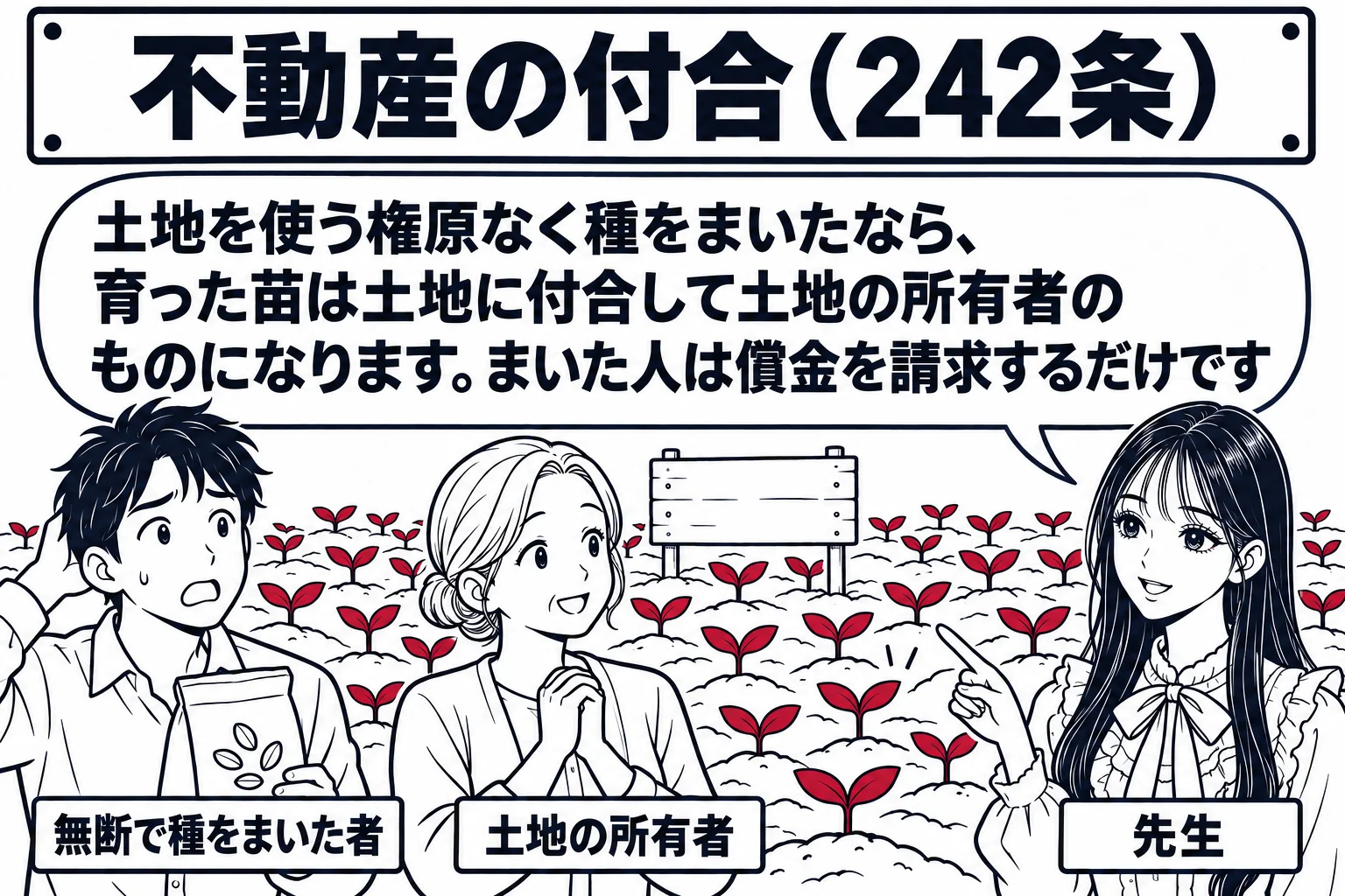 畑の場面。畑一面に小さな苗が育っている。畑の脇に男性（札「無断で種をまいた者」）が種の袋を持って立ち、畑の持ち主の女性（札「土地の所有者」）が畑の看板の前に立っている。先生が説明役（札「先生」）で苗を指している。先生の吹き出し「土地を使う権