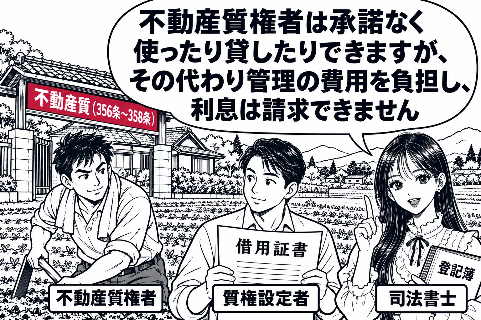 田園の中の一軒家と田畑の場面。家の前で男性（札「不動産質権者」）が田畑を耕し、別の男性（札「質権設定者」）が借用証書を手に見送っている。先生が司法書士役（札「司法書士」）で登記簿を持って立つ。先生の吹き出し「不動産質権者は承諾なく使ったり貸