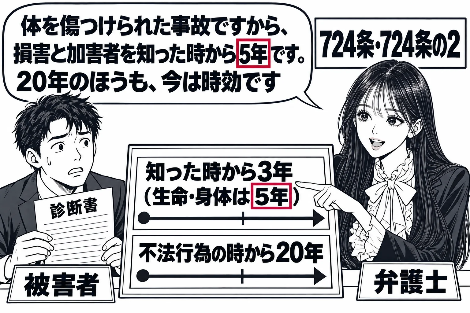 法律事務所の相談室の場面。机の上に二本の時間の帯が描かれたボード。上の帯に「知った時から3年（生命・身体は5年）」、下の帯に「不法行為の時から20年」と書かれている。相談者の男性（札「被害者」）が交通事故の診断書を持って座り、先生が弁護士役