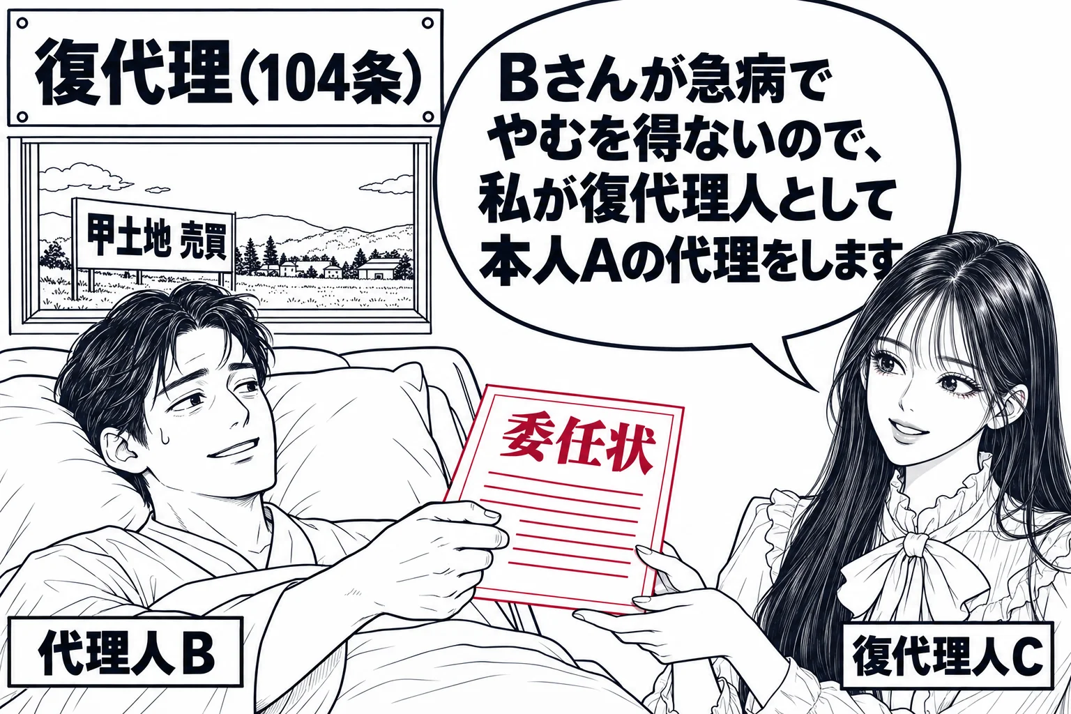 病院の個室の場面。ベッドに横たわる男性（札「代理人B」）が、ベッド脇の先生（札「復代理人C」）に委任状を渡している。窓の外に遠くの土地の看板「甲土地 売買」が見える。先生の吹き出し「Bさんが急病でやむを得ないので、私が復代理人として本人Aの