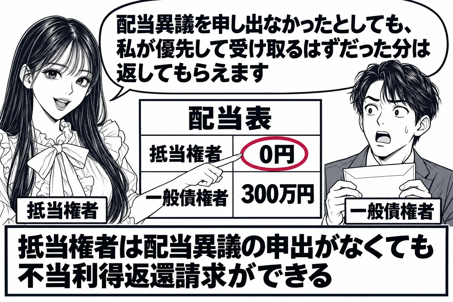 裁判所の競売の配当の場面。壁に配当表（「抵当権者 0円」「一般債権者 300万円」）が貼られている。男性（札「一般債権者」）が封筒を手にしており、先生（札「抵当権者」）が配当表の「0円」を指している。先生の吹き出し「配当異議を申し出なかった