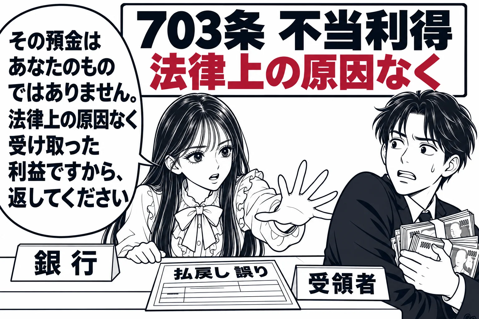 銀行の窓口の場面。カウンターの上に払戻伝票（「払戻し 誤り」）。男性（札「受領者」）が札束を抱えて立ち去ろうとしており、先生（札「銀行」）が窓口から身を乗り出して呼び止めている。先生の吹き出し「その預金はあなたのものではありません。法律上の