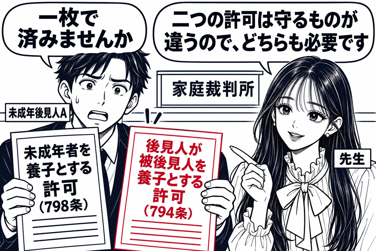 家庭裁判所の窓口の場面。男性（札「未成年後見人A」）が書類を二枚持っている。一枚は「未成年者を養子とする許可（798条）」、もう一枚は「後見人が被後見人を養子とする許可（794条）」。Aの吹き出し「一枚で済みませんか」。先生が説明役（札「先