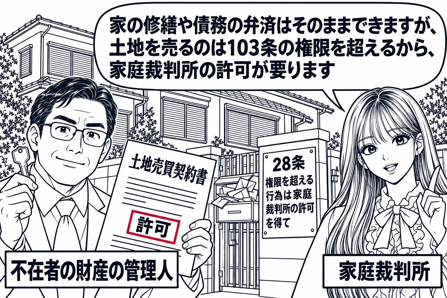 雨戸が閉まったままの一軒家の前。郵便受けに郵便物があふれている。中年の男性（札「不在者の財産の管理人」）が鍵を手に家の前に立ち、手には「土地売買契約書」を持っている。横に先生が裁判官役（札「家庭裁判所」）で立ち、吹き出し「家の修繕や債務の弁