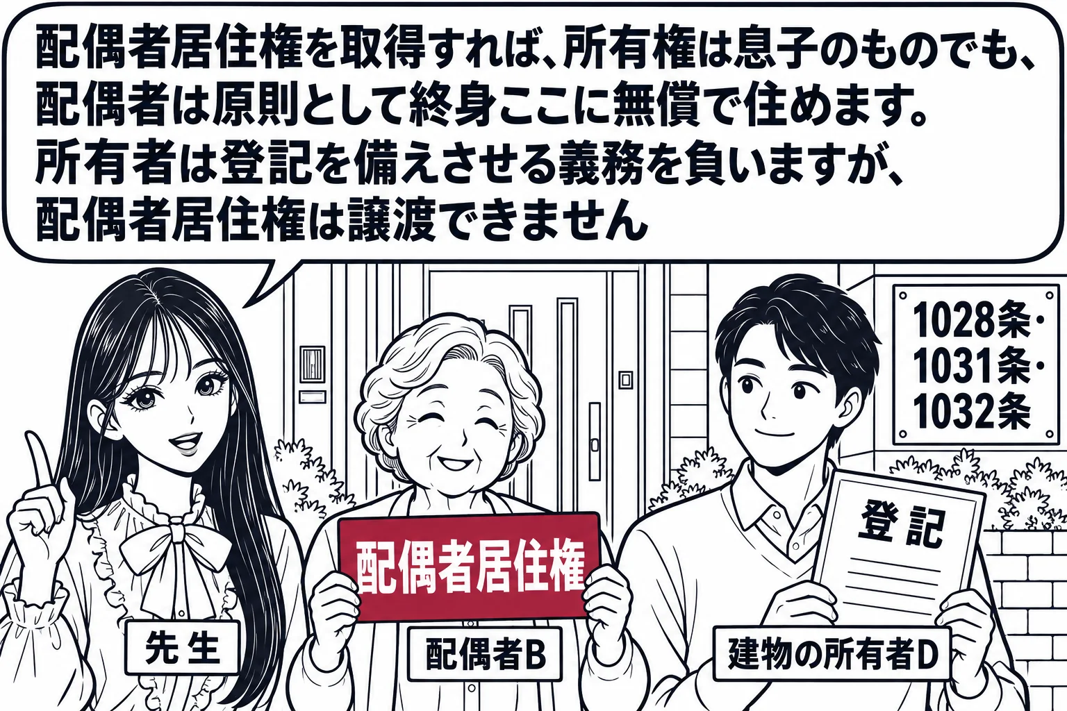 住み慣れた一戸建ての玄関先の場面。高齢の女性（札「配偶者B」）が玄関に立ち、手に「配偶者居住権」と書かれた札を持っている。その横に息子（札「建物の所有者D」）が登記の書類を持って立っている。先生が説明役（札「先生」）。先生の吹き出し「配偶者