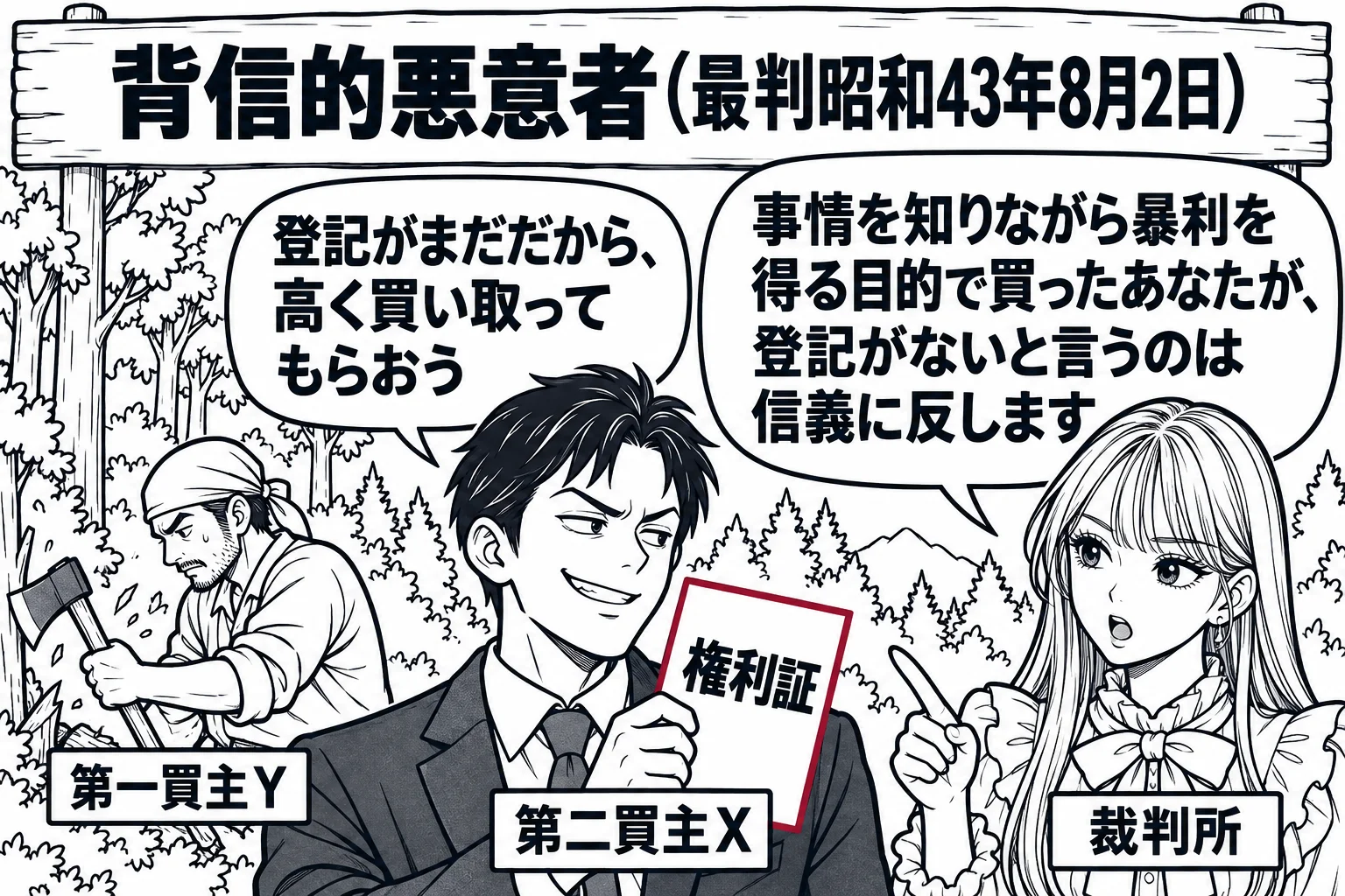 山林の入口の場面。木々の奥で、長年山を手入れしてきた男性（札「第一買主Y」）が斧を持って作業している。手前で、権利証を握った男性（札「第二買主X」）がにやりとしながら「登記がまだだから、高く買い取ってもらおう」とつぶやいている。先生が裁判官