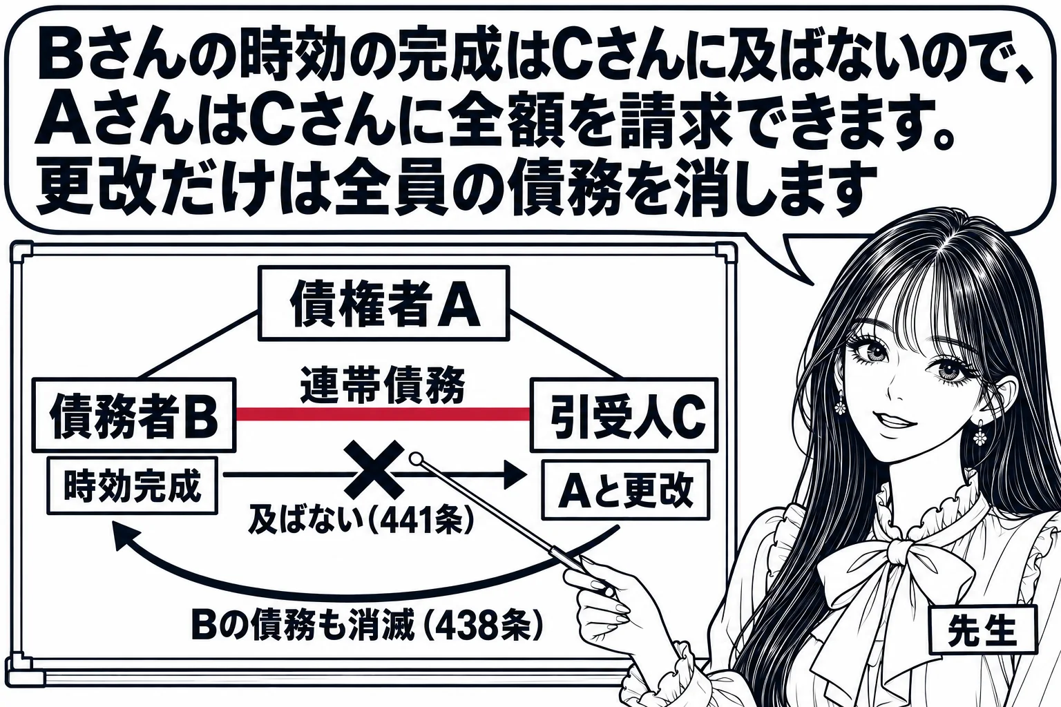 板書の図解の場面。黒板の上に「債権者A」、下に「債務者B」と「引受人C」が横に並び、両者を「連帯債務」と書いた太い線で結ぶ。Bの横に「時効完成」の札、そこからCへの矢印に×印と「及ばない（441条）」。Cの横に「Aと更改」の札、そこからBへ