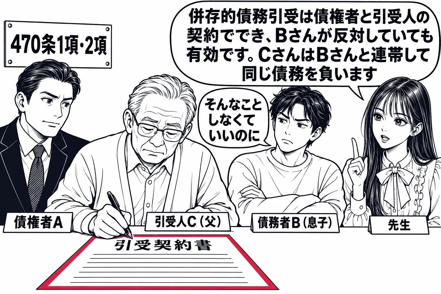 金融会社の応接室の場面。テーブルの向こうに男性（札「債権者A」）。手前に年配の男性（札「引受人C（父）」）が「引受契約書」に署名している。少し離れて若い男性（札「債務者B（息子）」）が腕を組み「そんなことしなくていいのに」と言っている。先生