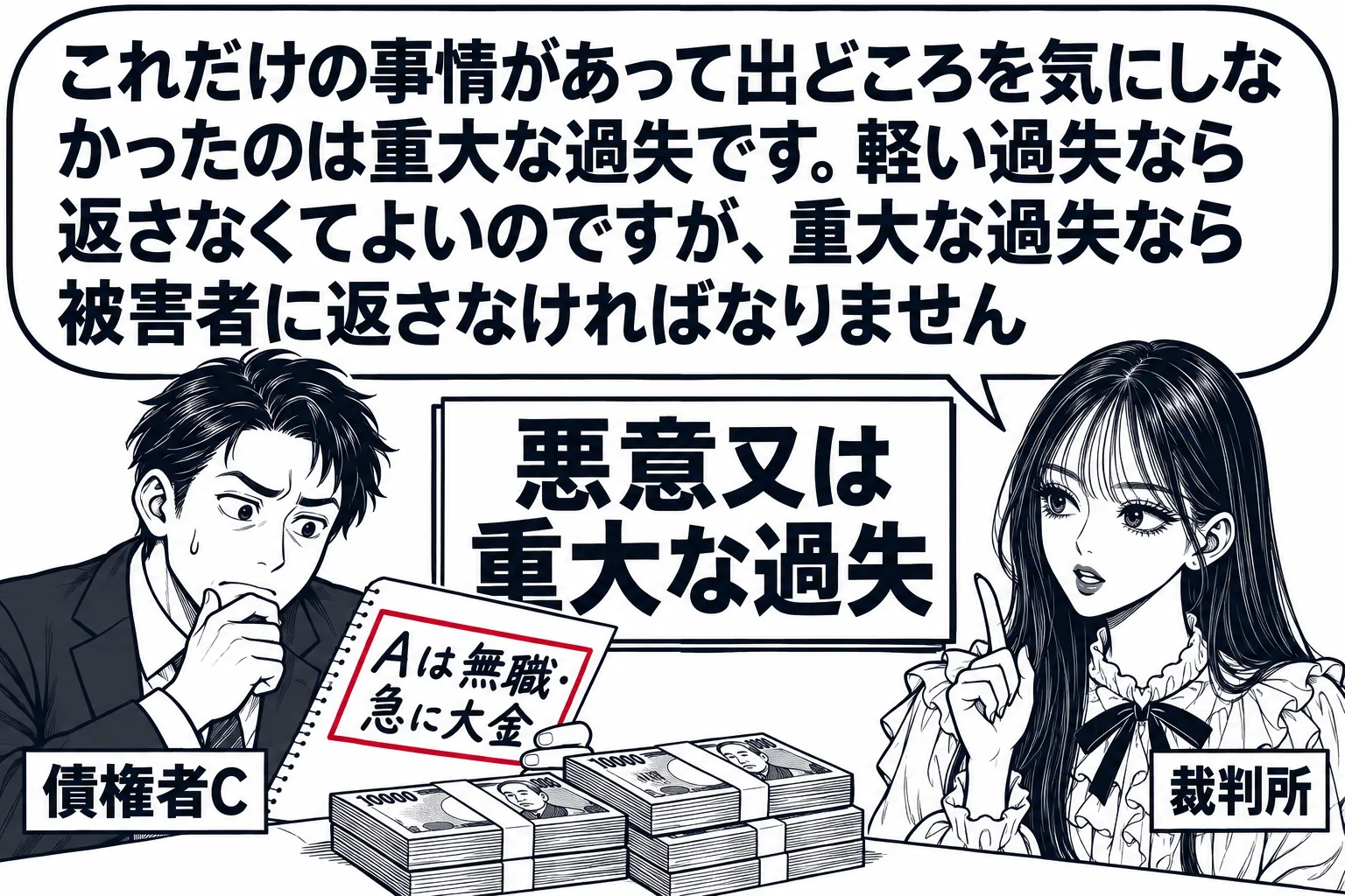 貸金業者の事務所の応接の場面。机の上に札束。男性（札「債権者C」）が札束を受け取りながら、手元のメモ（「Aは無職・急に大金」）を見て首をかしげている。先生が裁判官役（札「裁判所」）で横に立っている。先生の吹き出し「これだけの事情があって出ど