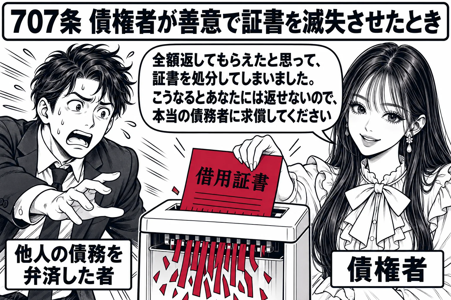 債権者の事務所の場面。シュレッダーに借用証書（「借用証書」）が吸い込まれていく。男性（札「他人の債務を弁済した者」）が慌てて駆け込んできており、先生（札「債権者」）がシュレッダーの横に立っている。先生の吹き出し「全額返してもらえたと思って、
