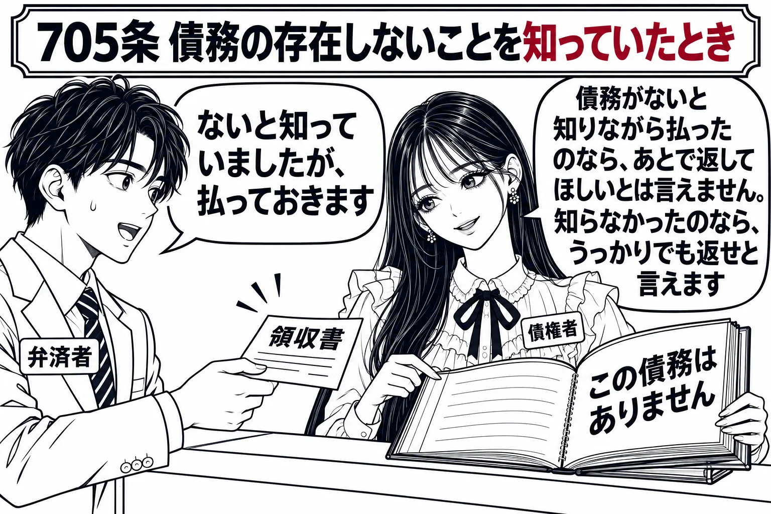 金融会社の受付の場面。カウンターで男性（札「弁済者」）が領収書を受け取っている。先生（札「債権者」）がカウンターの内側で帳簿（「この債務はありません」）を開いて首をかしげている。男性の吹き出し「ないと知っていましたが、払っておきます」。先生