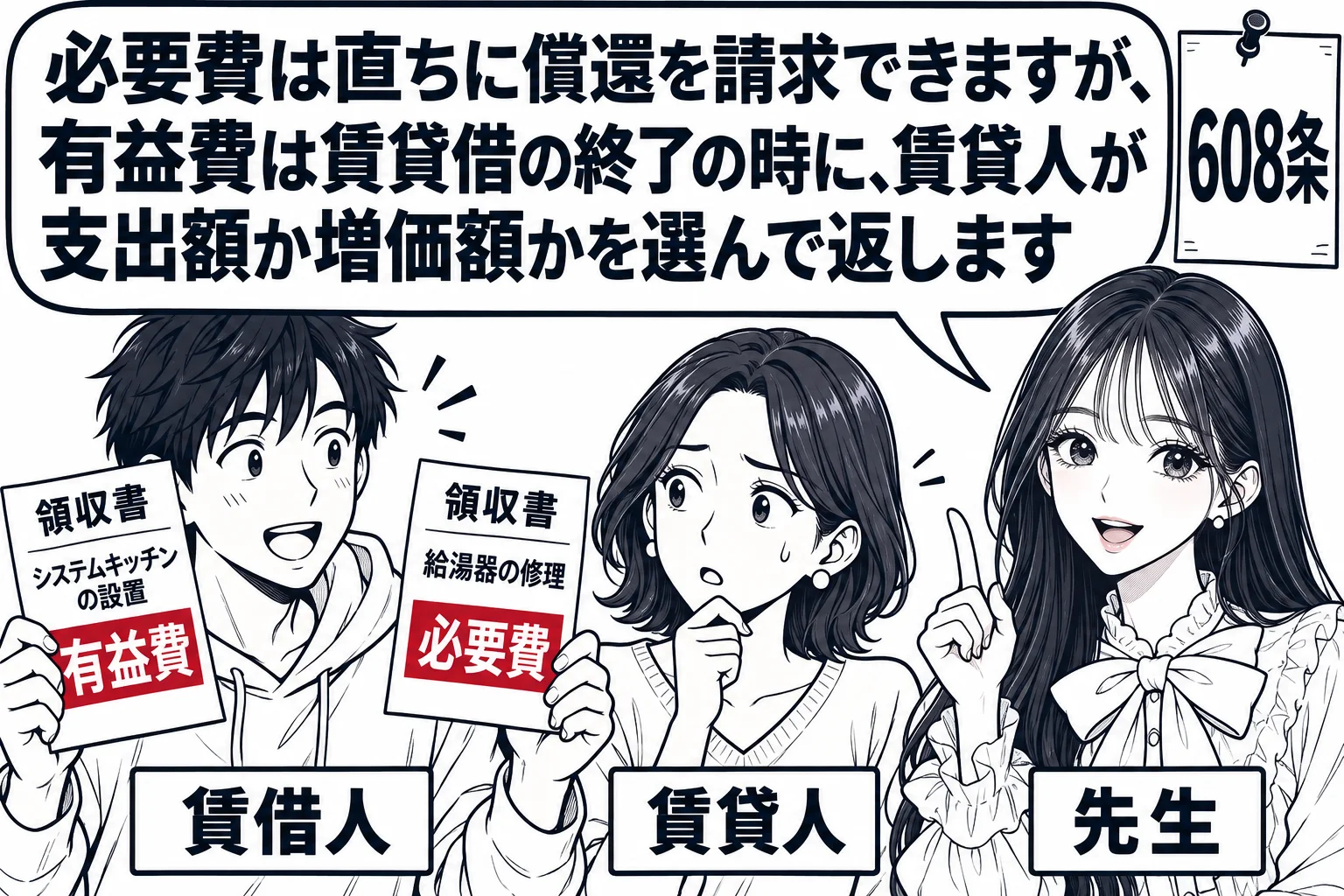 賃貸アパートの一室の場面。男性（札「賃借人」）が左手に給湯器の修理の領収書（札「必要費」）、右手にシステムキッチンの設置の領収書（札「有益費」）を持ち、女性（札「賃貸人」）に見せている。先生が解説役（札「先生」）で横に立ち、吹き出し「必要費