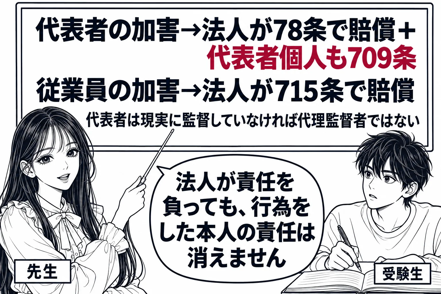 教室の黒板の前。先生が教師役（札「先生」）で立ち、黒板に二つの矢印を描いている。上の矢印「代表者の加害→法人が78条で賠償＋代表者個人も709条」、下の矢印「従業員の加害→法人が715条で賠償」。下に小さく「代表者は現実に監督していなければ