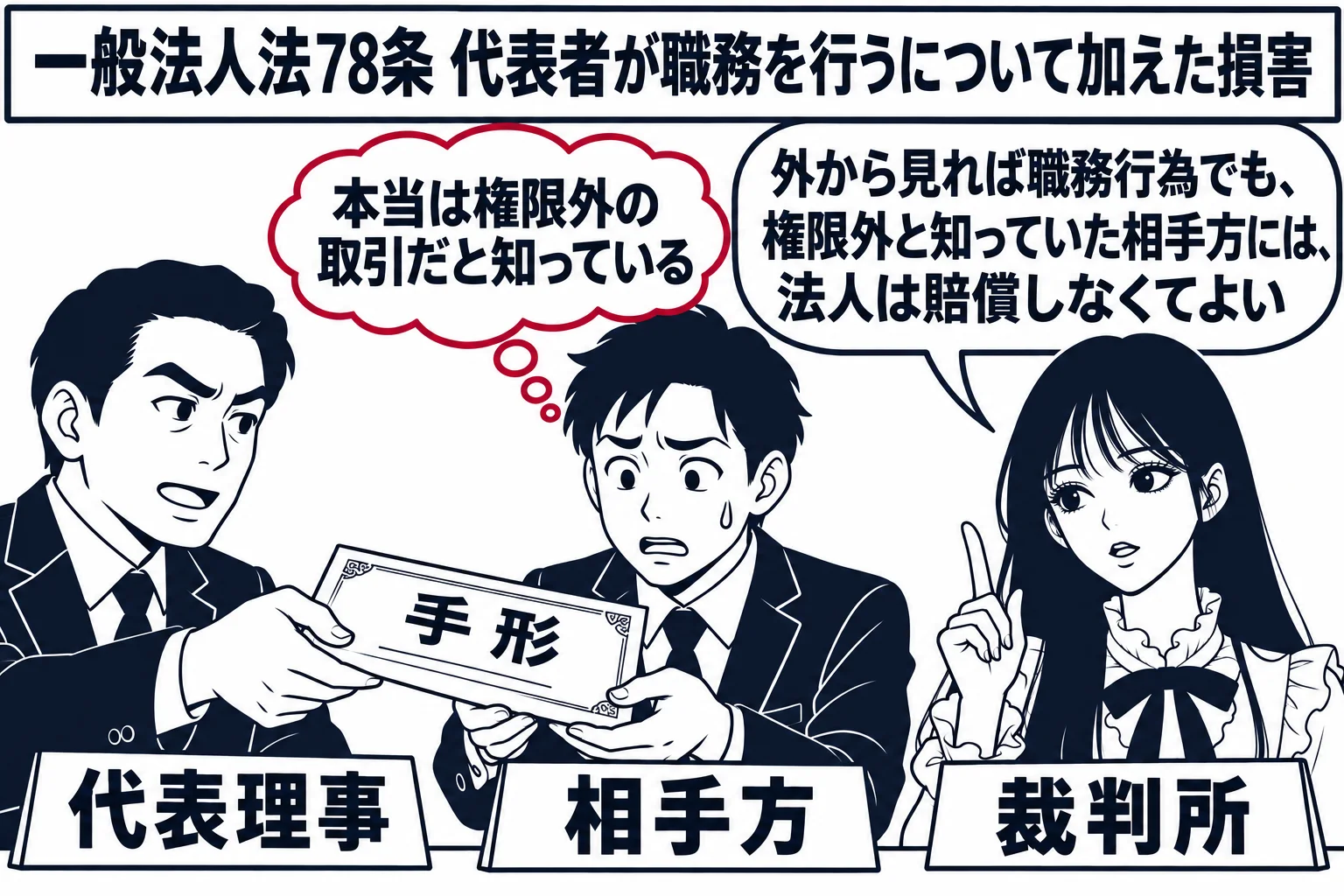 法人の事務所の応接室。男性（札「代表理事」）が手形を相手の男性（札「相手方」）に渡している。相手方の頭上に思考雲「本当は権限外の取引だと知っている」。横に先生が裁判官役（札「裁判所」）で立ち、吹き出し「外から見れば職務行為でも、権限外と知っ