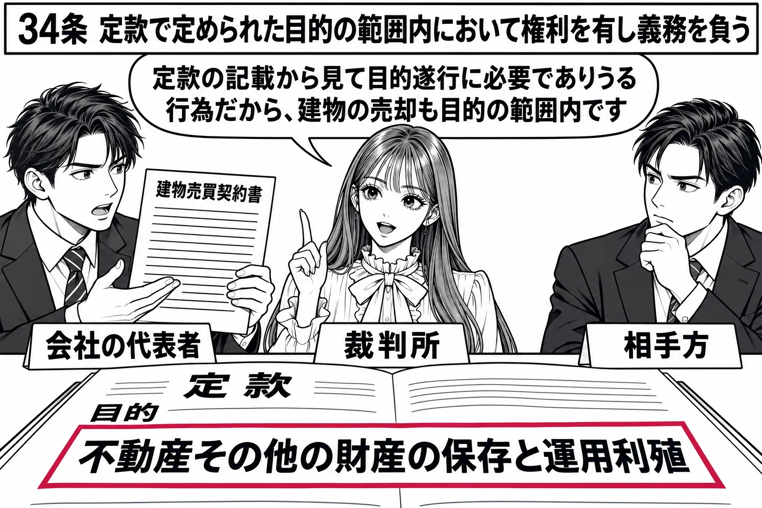 会社の会議室の場面。テーブルの上に定款が開かれ、目的の欄に「不動産その他の財産の保存と運用利殖」と書かれている。役員の男性（札「会社の代表者」）が建物の売買契約書を手にし、向かいに買主の男性（札「相手方」）が座る。先生が裁判官役（札「裁判所