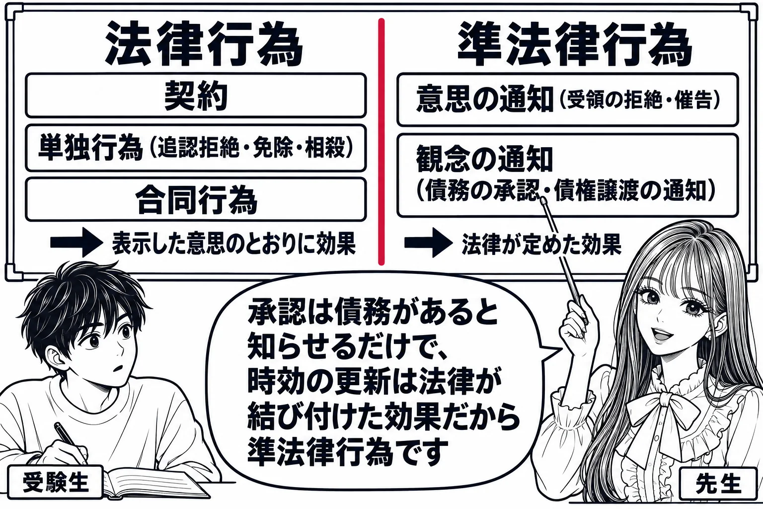 教室の板書の図解。黒板の左半分に見出し「法律行為」、その下に三つの箱「契約」「単独行為（追認拒絶・免除・相殺）」「合同行為」。右半分に見出し「準法律行為」、その下に二つの箱「意思の通知（受領の拒絶・催告）」「観念の通知（債務の承認・債権譲渡