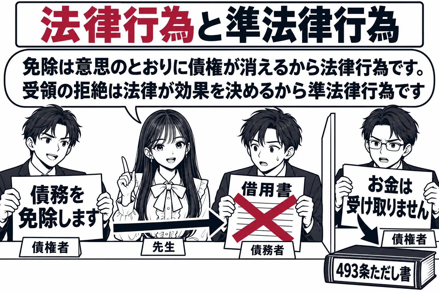 銀行の窓口の場面。カウンターをはさんで、左に男性（札「債権者」）、右に男性（札「債務者」）。債権者の手元の紙に「債務を免除します」と書かれ、その紙から矢印が債務者の手元の借用書へ伸び、借用書に大きく×印。右側のついたての向こうで、別の男性（