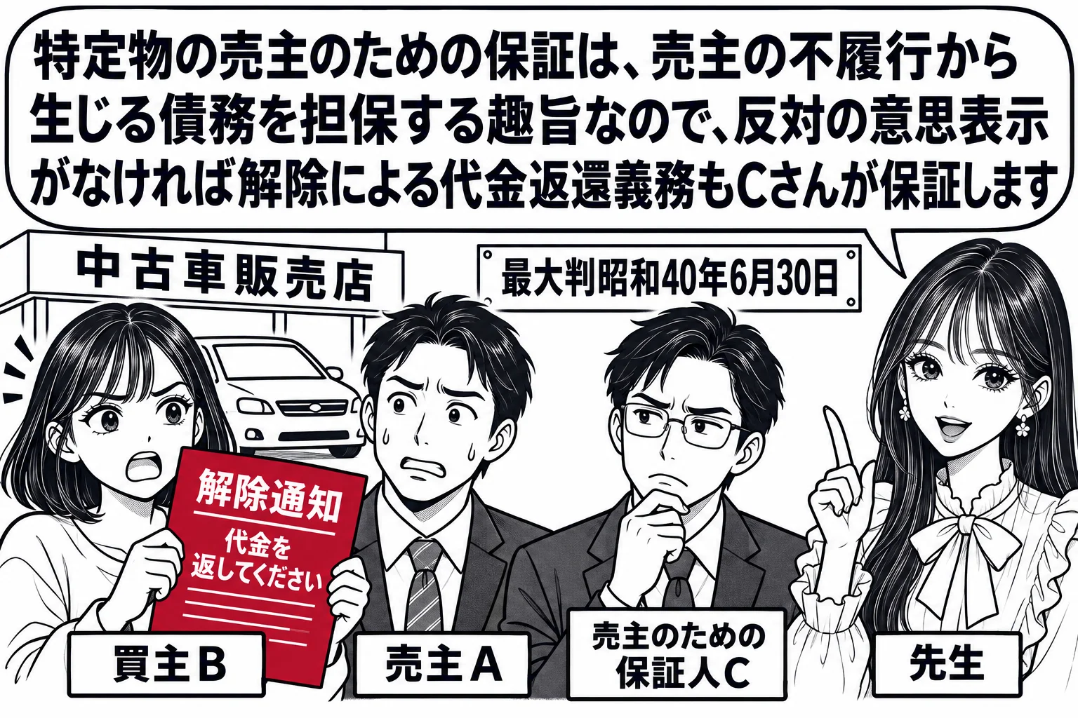 中古車販売店の店先の場面。買主の女性（札「買主B」）が「代金を返してください」と書いた解除通知を持っている。売主の男性（札「売主A」）は手ぶらで困った顔。横に男性（札「売主のための保証人C」）。先生が説明役（札「先生」）。先生の吹き出し「特