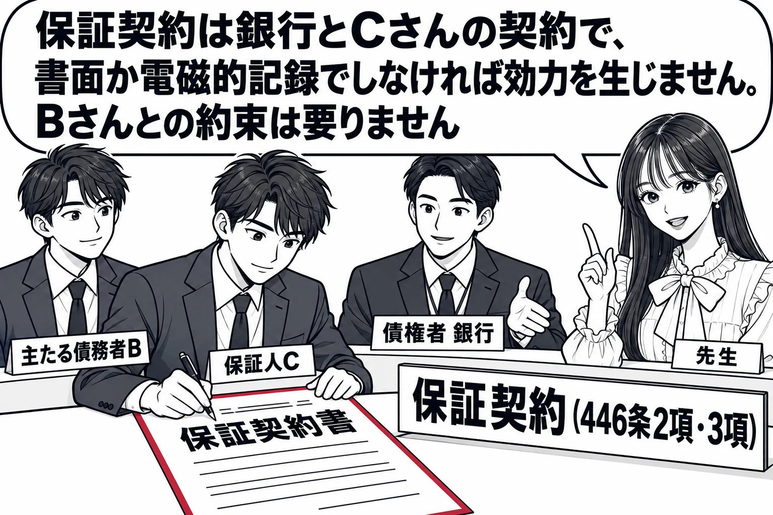 銀行の融資窓口の場面。カウンターの向こうに男性（札「債権者 銀行」）。手前に男性（札「保証人C」）がペンを持ち、「保証契約書」と書いた書面に署名しようとしている。後ろに男性（札「主たる債務者B」）が見守っている。先生が説明役（札「先生」）。