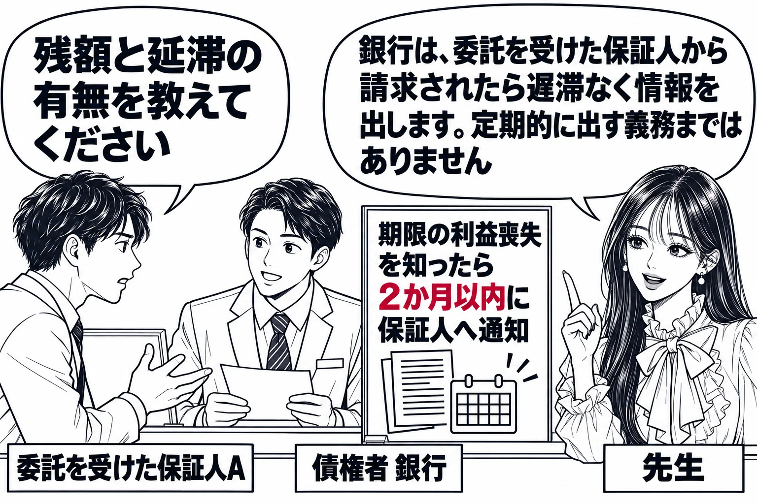 銀行の窓口の場面。カウンターの向こうに男性（札「債権者 銀行」）。手前に男性（札「委託を受けた保証人A」）が「残額と延滞の有無を教えてください」と言っている。カウンターの横の掲示板に「期限の利益喪失を知ったら2か月以内に保証人へ通知」。先生